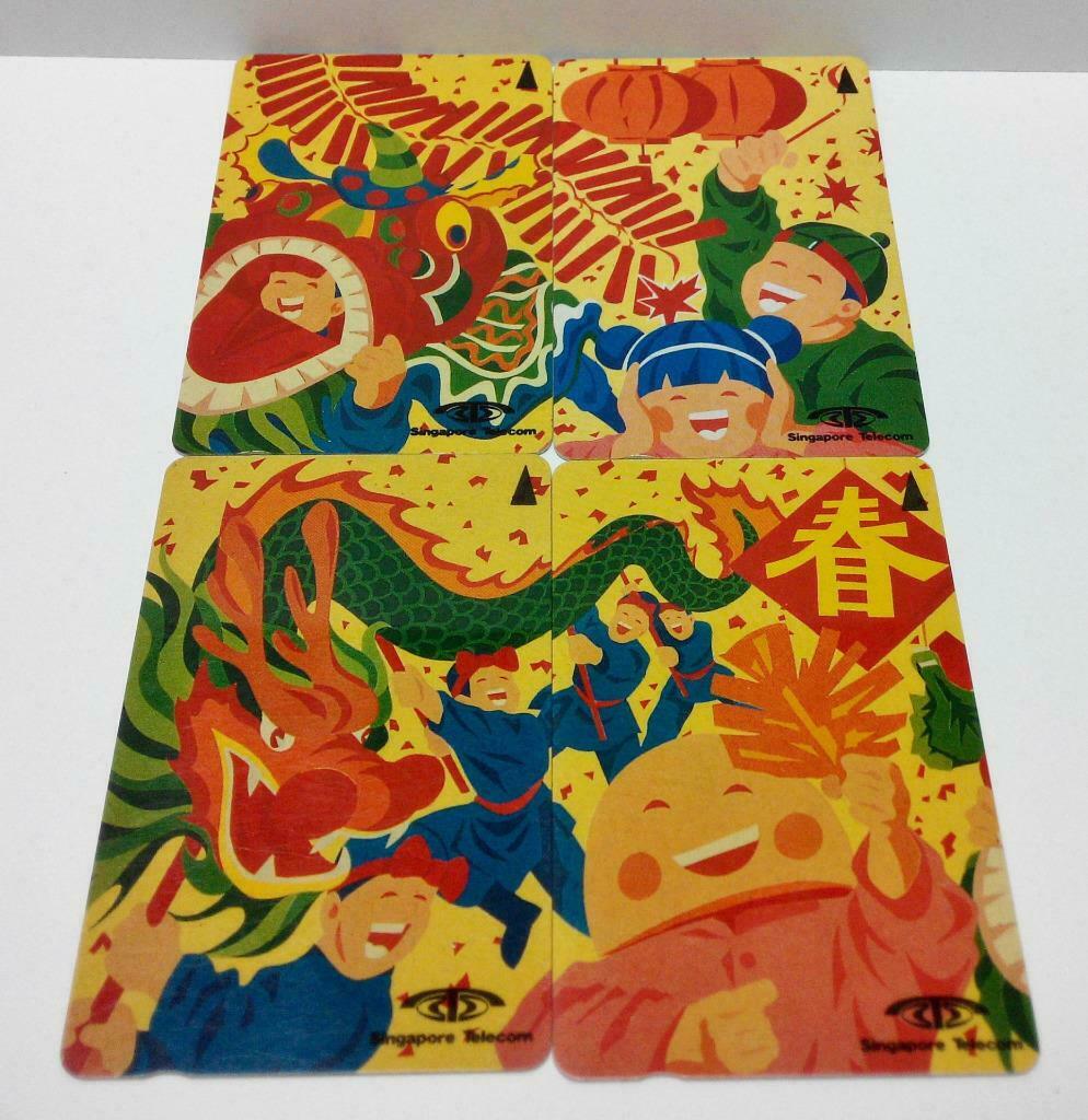 Used Vintage Singapore Phone Cards x4 Chinese New Year Dragon Lion Dance (A436)