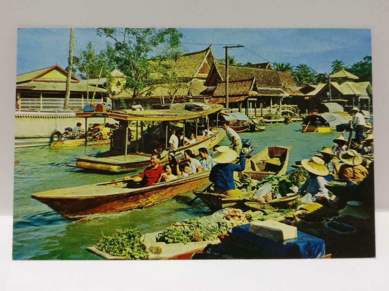 Vintage Thailand Bangkok Wat Sai Floating Market Boat & River Postcard (P705)