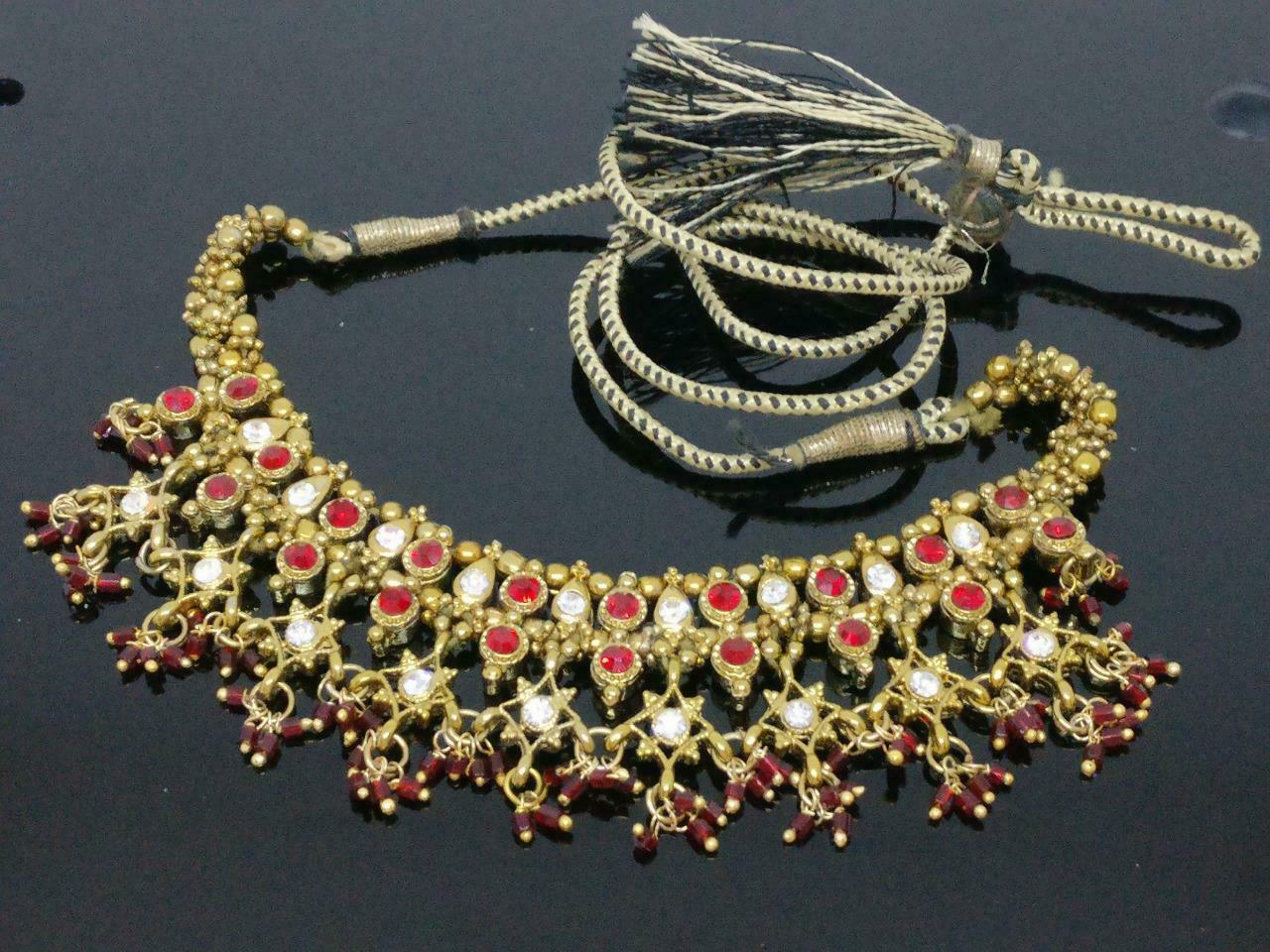 CJ888 Vintage Beautiful Red Rhinestone Diamante Thread Estate Necklace F/S J555