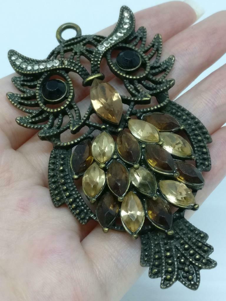 Rare Vintage Victorian Big Owl Rhinestone Bead Bronze Tone Pendant F/S (J903)