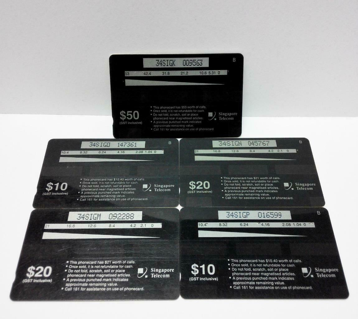 Used Vintage Singapore Phone Cards x5 Beautiful Building Bridge Night Scene A416