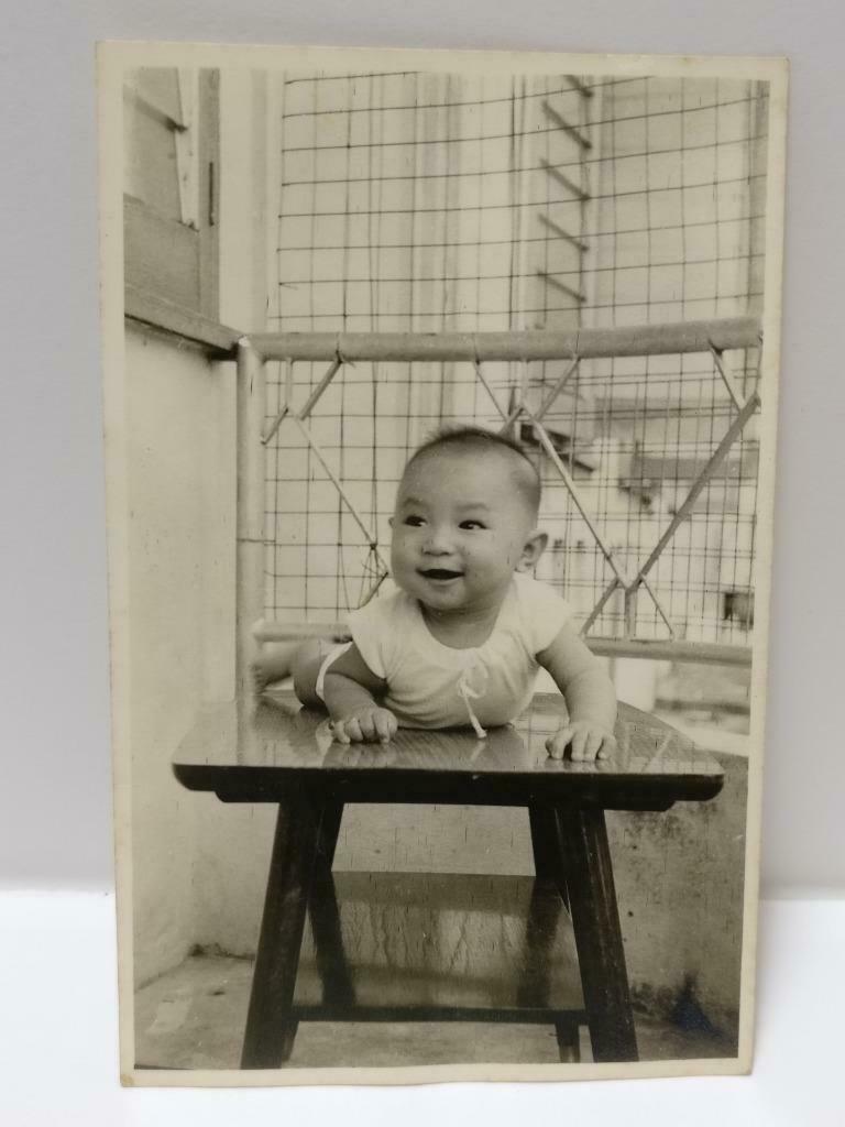 1960 Vintage Cute Asian Chinese Baby Lying Down On Bench Outdoors B&W Photo P441