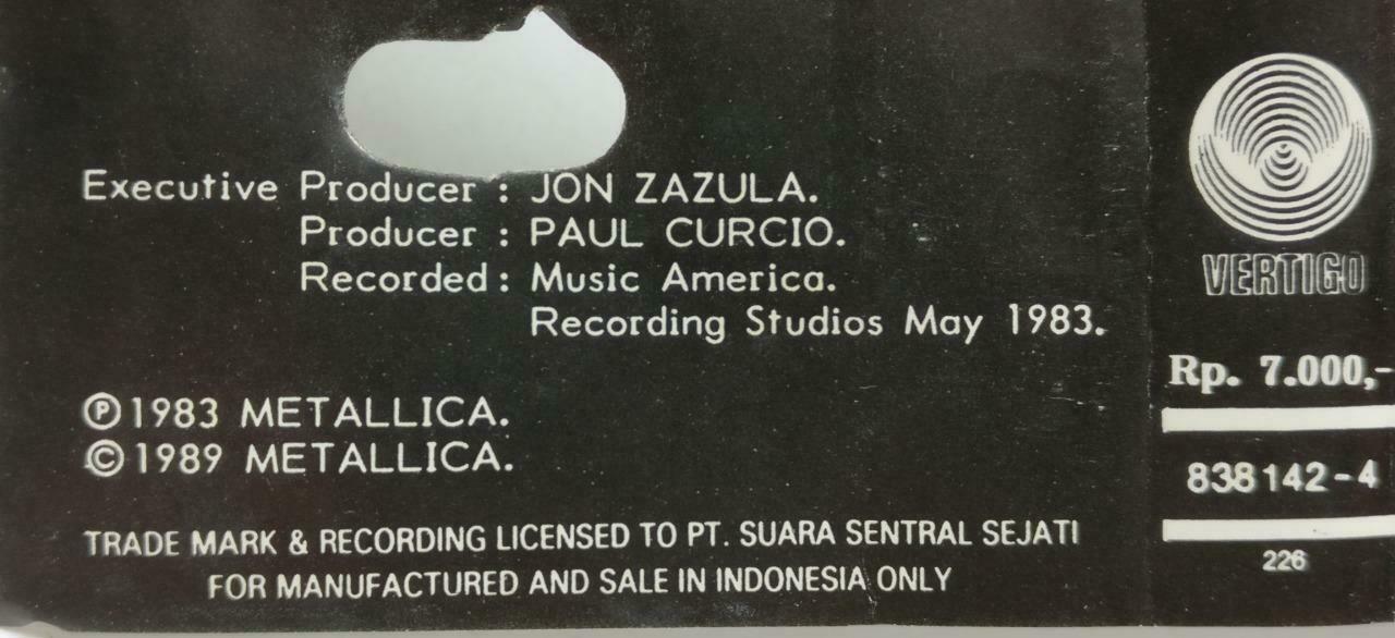 Metallica Kill 'Em All 1989 Mega Rare Indonesia English Cassette CT529