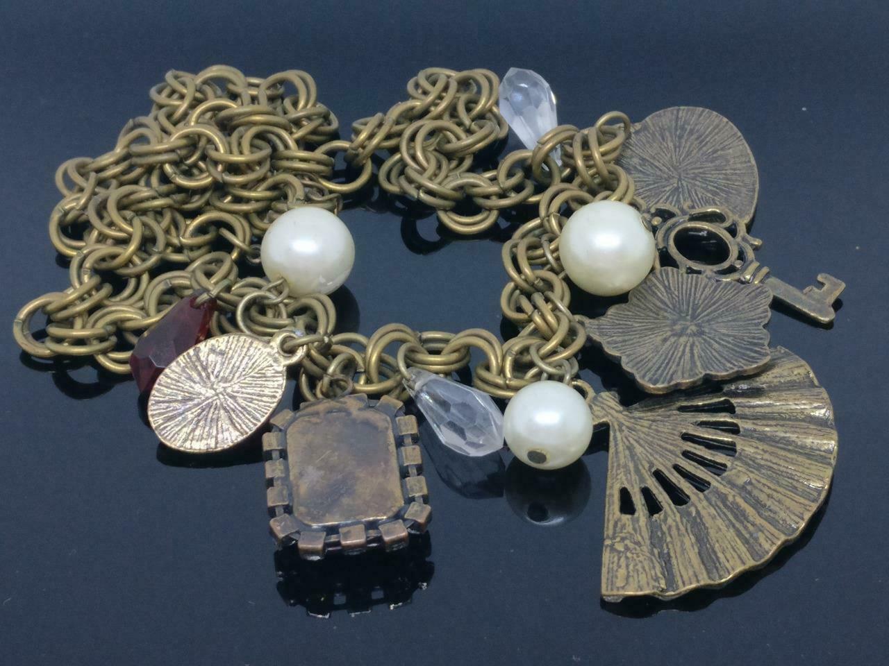 CJ888 Vintage Beautiful Key Faux Pearl Fan Art Bronze Estate Necklace F/S (J532)