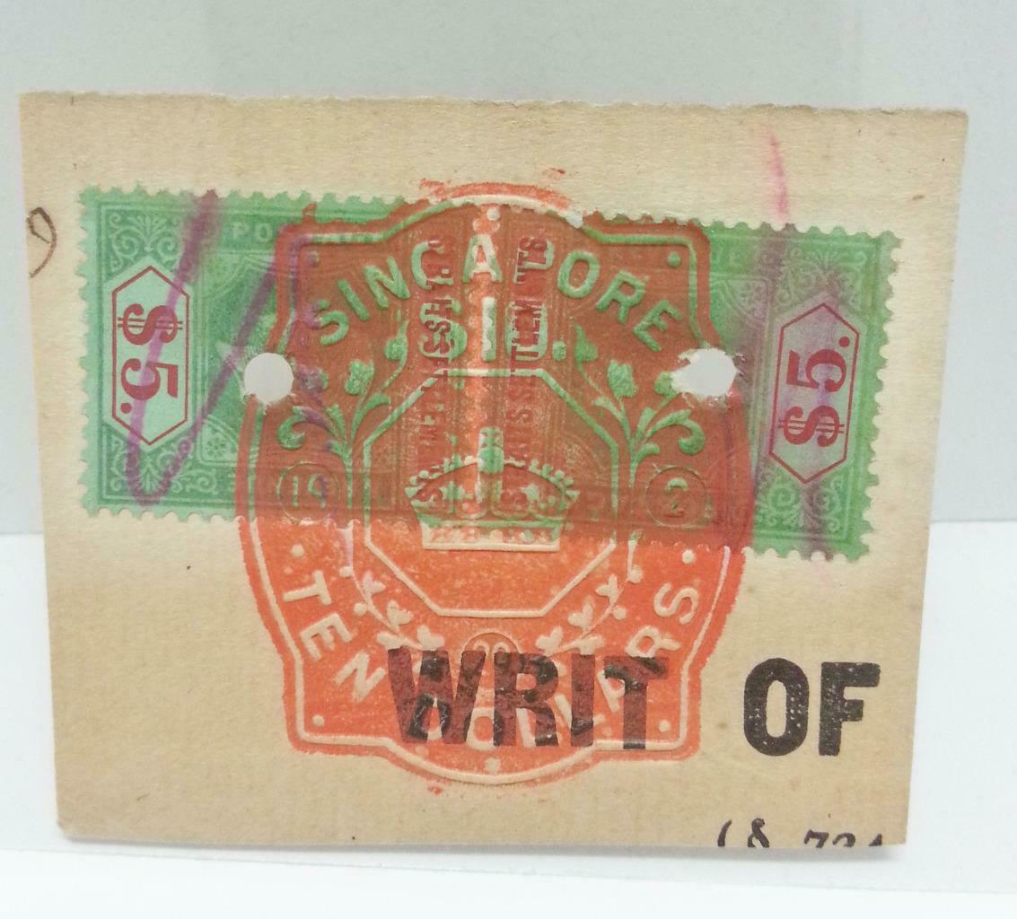 Vintage Singapore Straits Settlement Document Postage Stamp $10 Revenue (AC223)