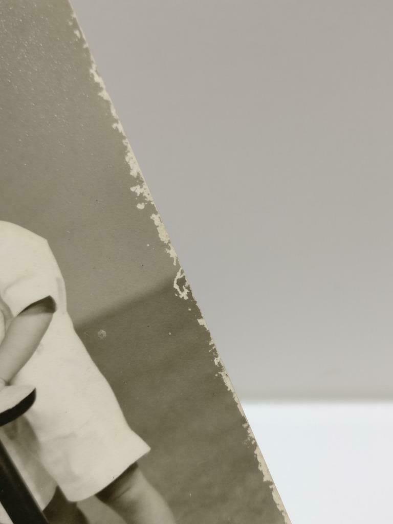 Vintage Asian Toddler Cute Kid Boy Standing By A Stool Studio B&W Photo (P437)