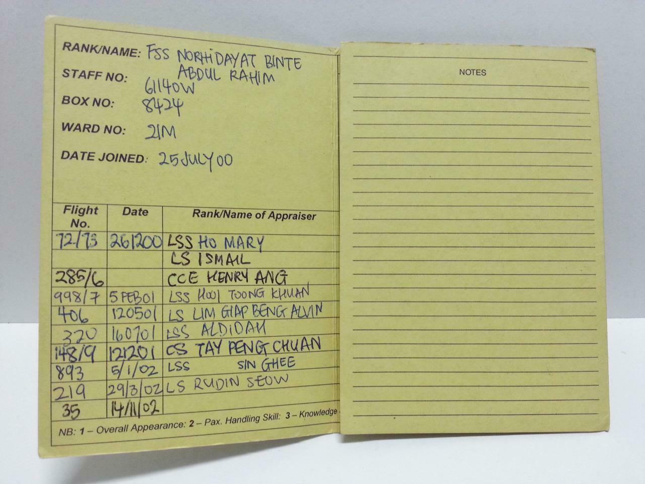 Vintage Singapore Airlines SIA Cabin Crew Personal Appraisal Record Card (AC271)
