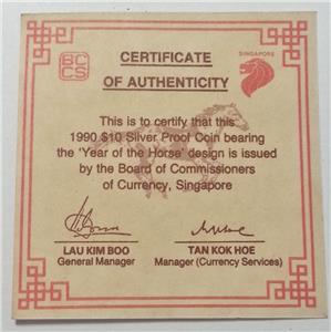 CH888 Singapore Zodiac Horse 1990 $10 Silver Proof Coin with Certificate (C522)