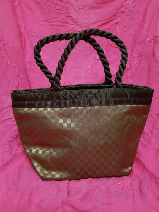 CH888 Thailand NaRaYa Ladies Brown Silky Checkered Satin Zipped Tote Handbag (G026)