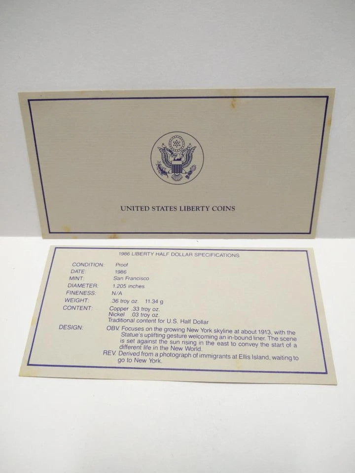 CH888 United States 1986 Liberty Silver Proof Coin Set $1 & Half $ Box & Cert (OC445)
