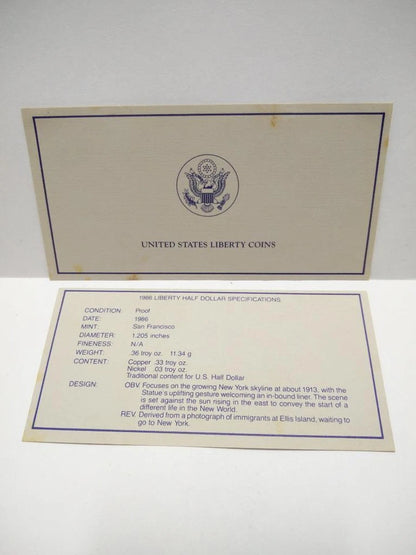 CH888 United States 1986 Liberty Silver Proof Coin Set $1 & Half $ Box & Cert (OC445)
