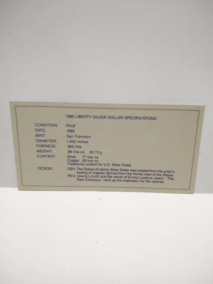 CH888 United States 1986 Liberty Silver Proof Coin Set $1 & Half $ Box & Cert (OC445)
