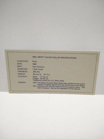 CH888 United States 1986 Liberty Silver Proof Coin Set $1 & Half $ Box & Cert (OC445)
