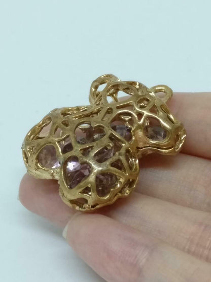 Rare Vintage Cute Bear Purple Rhinestone Bead Bronze Charm Pendant F/S (J862)