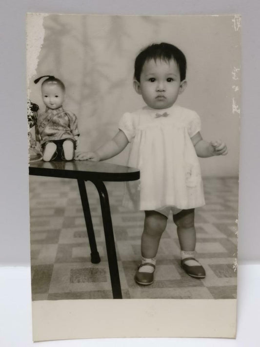 Vintage Asian Toddler Cute Kid Standing Stool With Doll Studio B&W Photo (P438)