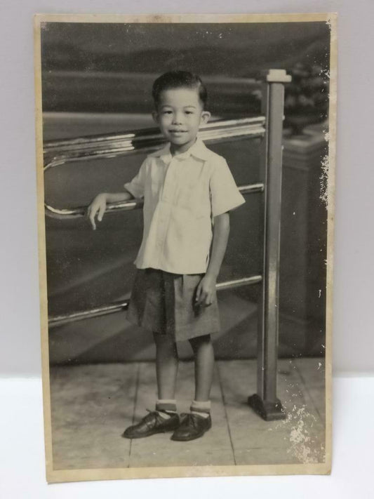 Vintage Chinese Kid Boy Standing By Railings Smiling Outdoors B&W Photo (P434)