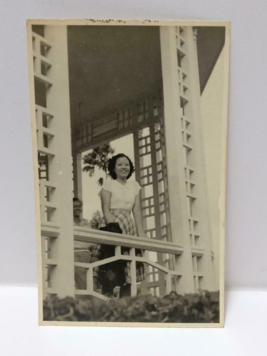 1949 Vtg Asian Chinese Smiling Pretty Lady Garden Candid Portrait B&W Photo P301