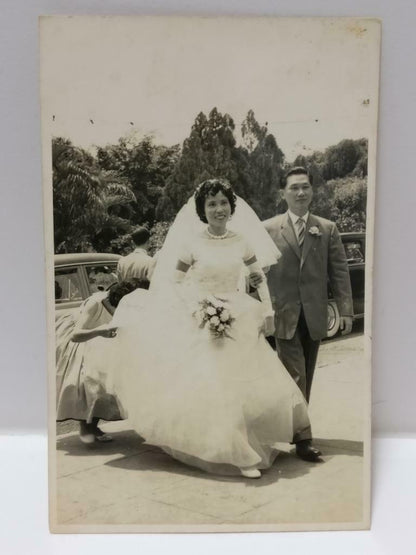 Vintage Asian Chinese Wedding Couple Outdoor Candid Portrait B&W Photo (P338)