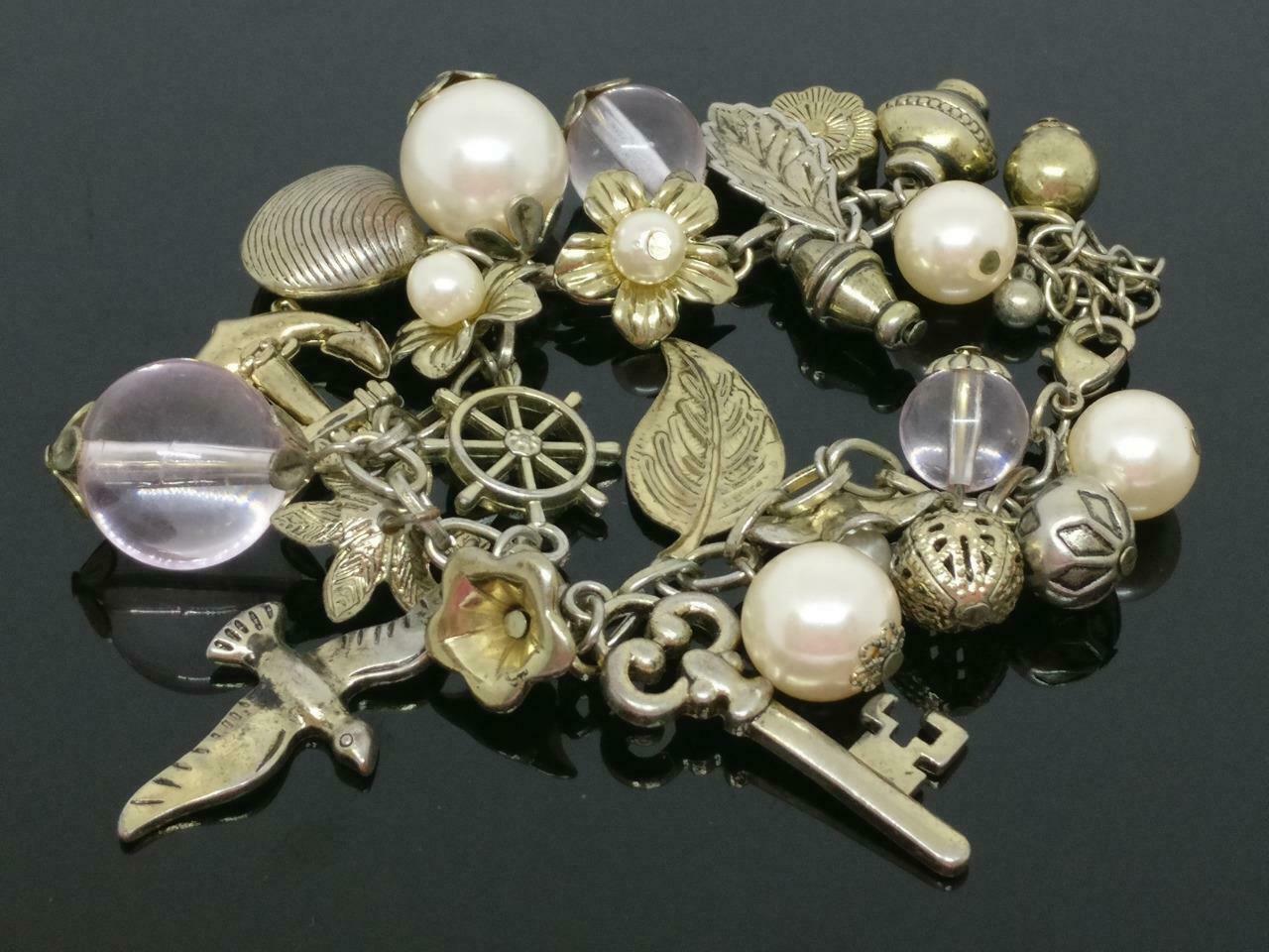CJ888 Vintage Mix Faux Pearl Key Anchor Bird Shell Charm Bracelet F/S (J684)
