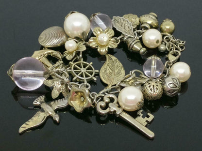 CJ888 Vintage Mix Faux Pearl Key Anchor Bird Shell Charm Bracelet F/S (J684)