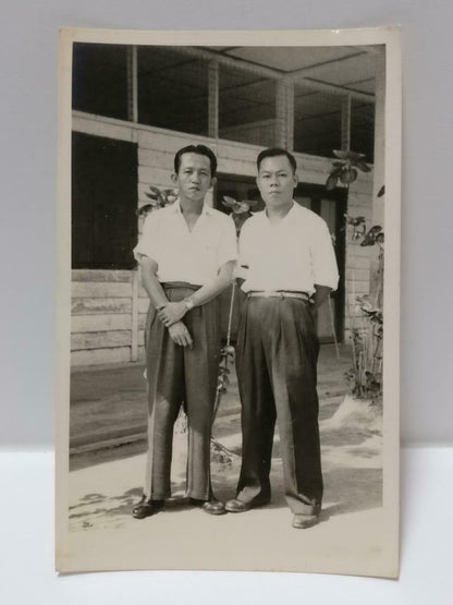 Vintage Asian Chinese Two Men Stand Together Building Portrait B&W Photo (P297)