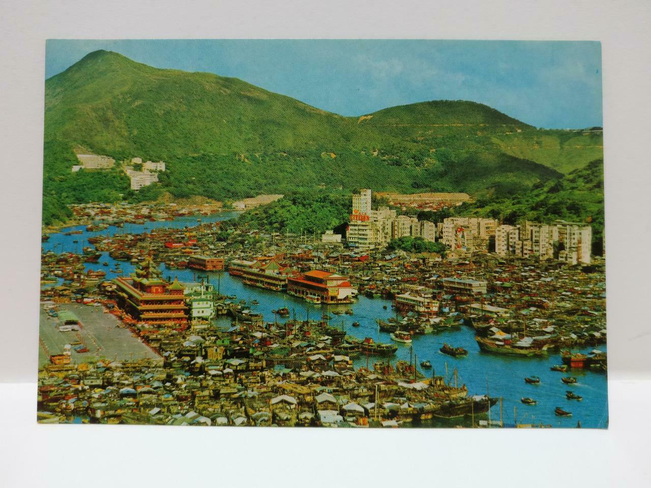 Vintage Hong Kong Bird's Eye View Of Aberdeen Chinese Boat Postcard (P752)