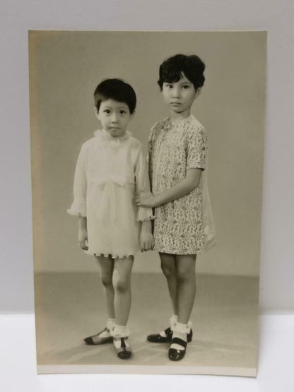 Vintage Asian Chinese Kids Sisters Wearing Cute Dresses Studio B&W Photo (P430)