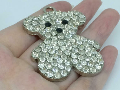 Rare Vintage Bear Bling Diamente Rhinestone Metal Silver Tone Pendant F/S (J846)