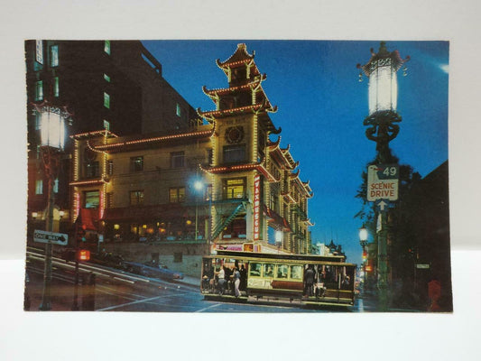 Vintage Chinatown After Dark Building San Francisco Lights Color Postcard (P647)