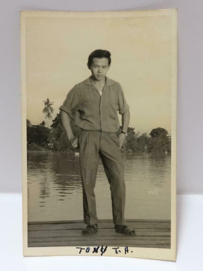 1960s Chinese Man Posing Beside The Sea Outdoor Retro Portrait B&W Photo (P522)