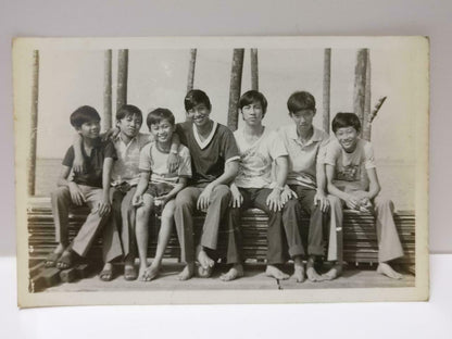 Vintage Overseas Chinese Boys Sitting On Seaside Beach Barefoot B&W Photo (P511)