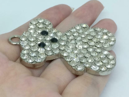 Rare Vintage Bear Bling Diamente Rhinestone Metal Silver Tone Pendant F/S (J846)