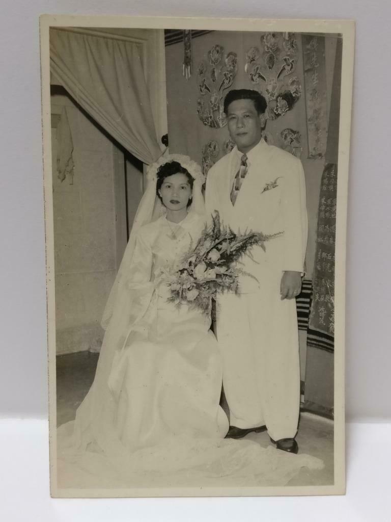 Vintage Asian Chinese Wedding Couple Bride Groom Portrait B&W Studio Photo P330