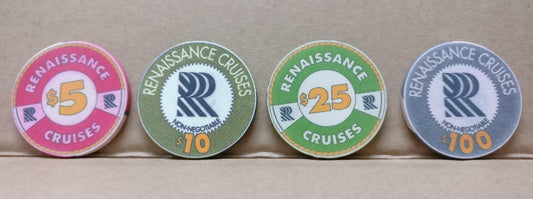 Vintage Rare Renaissance Cruises Casino Poker Chips x4 ($5 $10 $25 $100)(A1958a)