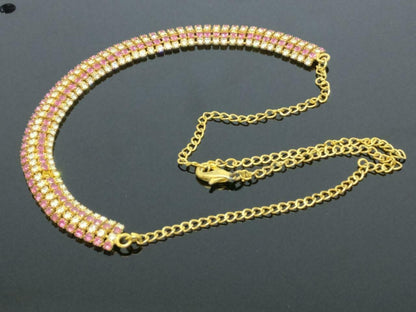 Vintage Diamante Pink & Clear Rhinestone Gold Tone Necklace F/S (J637)
