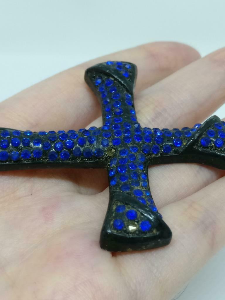 Vintage Blue Rhinestone Beads Cross Jesus Christian Faith Charm Pendant F/S J851