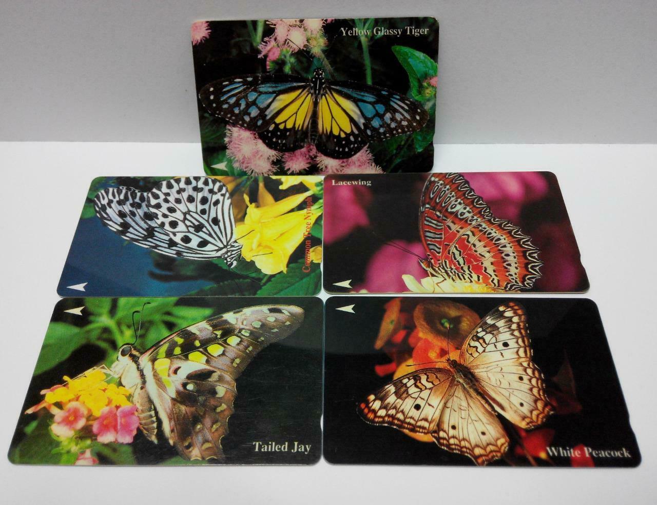 Used Vintage Singapore Phone Cards x5 Butterfly Yellow Glassy Tiger (A427)