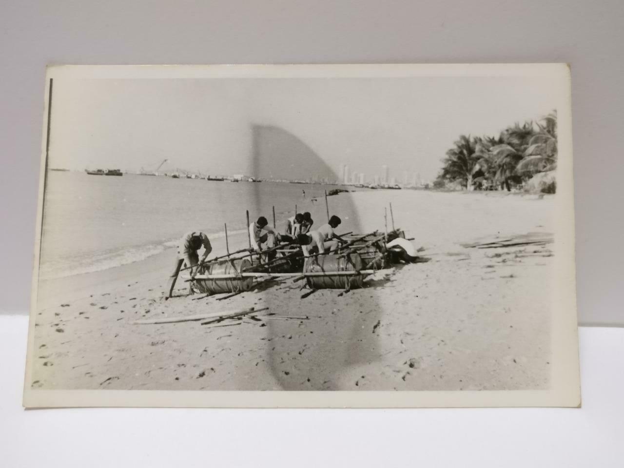 Vintage Asean Man Building A Boat Barrels Beach Seaside Retro B&W Photo (P497)