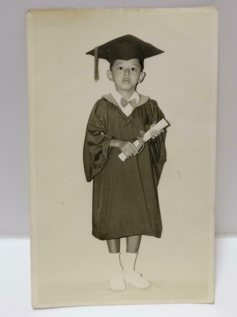 Vintage Asian Kid Boy In Graduation Gown With A Scroll Studio B&W Photo (P435)