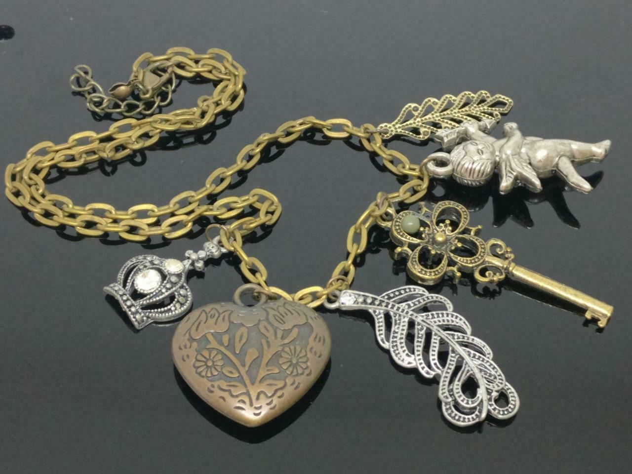 CJ888 Vintage Crown Key Heart Cupid Pendants Bronze Estate Necklace F/S (J553)