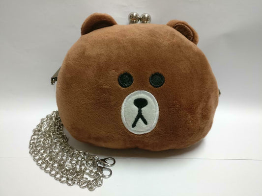Cute Brown Bear Head 6" Plush Soft Toy Sling Bag With Chain F/S (PTY012)