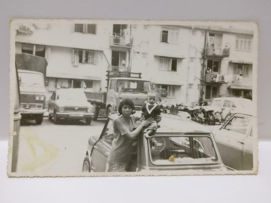 Rare Asian Malay Mother And Child Baby On Mini Cooper Car Trucks B&W Photo P385