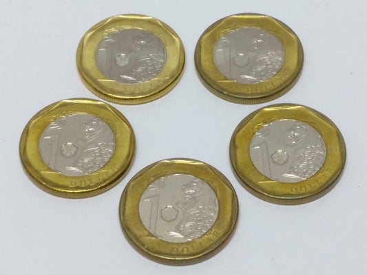 Vintage Singapore One Dollar $1 Coins Bimetal Coins x5 (A1855)