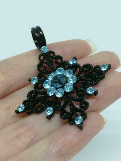 Rare Vintage Diamante Blue Sparkling Rhinestone Beads Flower Pendant F/S (J907)