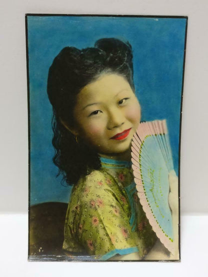 Vtg AsianChinese Lady Traditional Dress Long Hair Studio Tinted color Photo P418