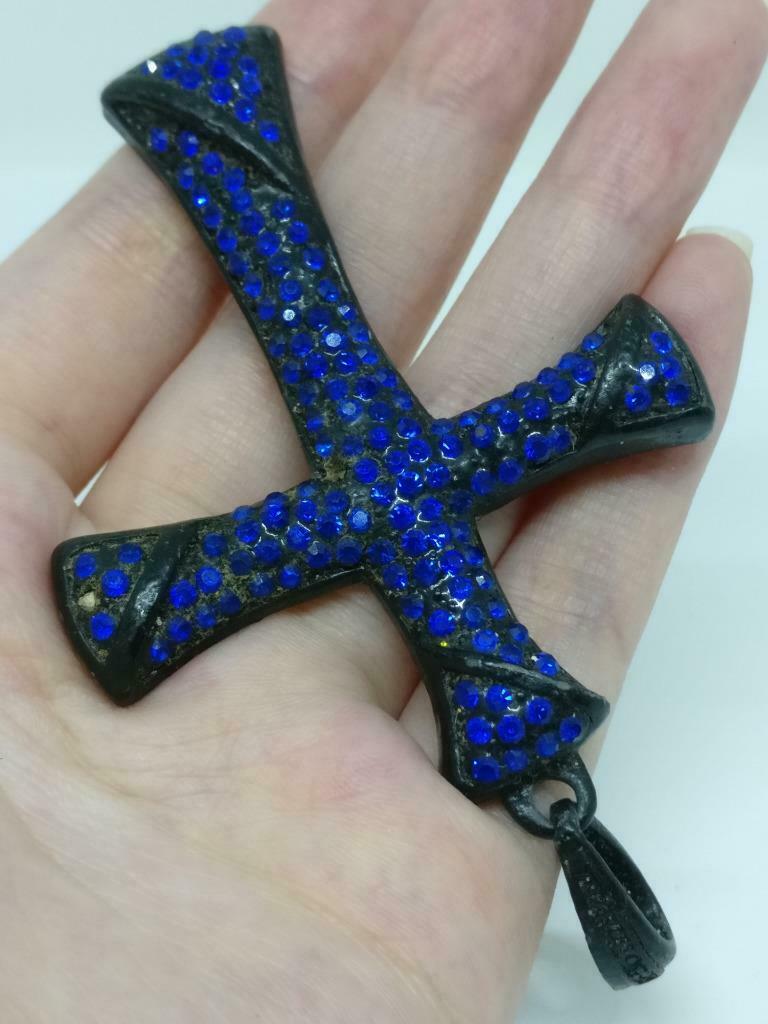 Vintage Blue Rhinestone Beads Cross Jesus Christian Faith Charm Pendant F/S J851