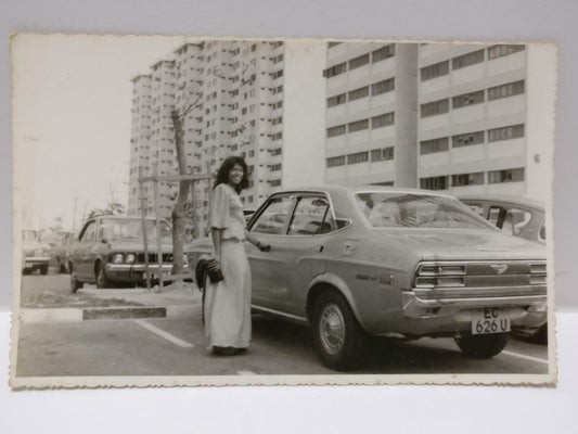 Vintage Asian Malay Lady Posing Beside Retro Datsun Car Buildings B&W Photo P384