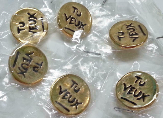 Rare Vintage Tu Veux (You Want) Gold Tone Fun Round Buttons x 6 (B385)