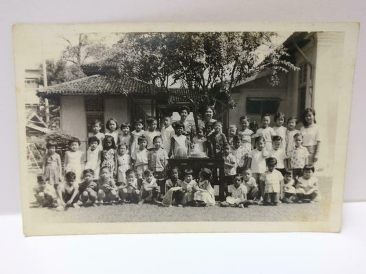 Vtg Asean Teachers & Children Birthday Cake Celebration Outdoor B&W Photo P486