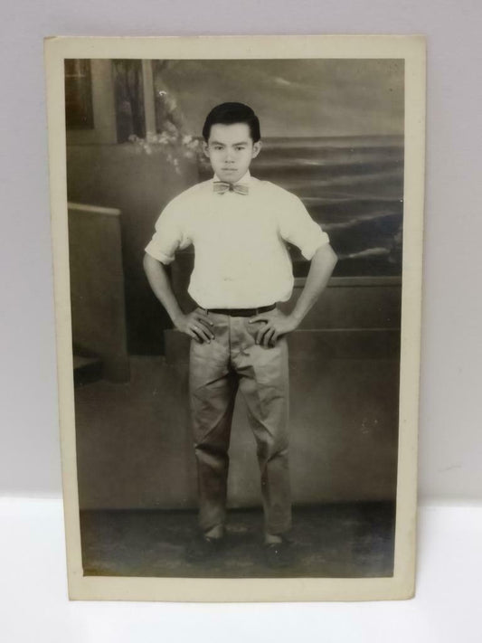 Vintage Asian Chinese Handsome Man Ribbon Bowtie Studio Portrait B&W Photo P317